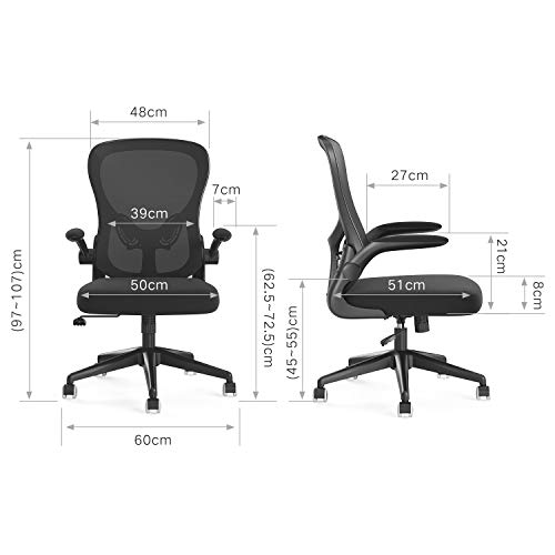 Hbada Silla de Oficina Silla de Escritorio ergonómica Silla giratoria con reposabrazos Plegables Soporte Lumbar Ajustable Silla de computadora de Malla Silla de Trabajo Silla Ligera Negro