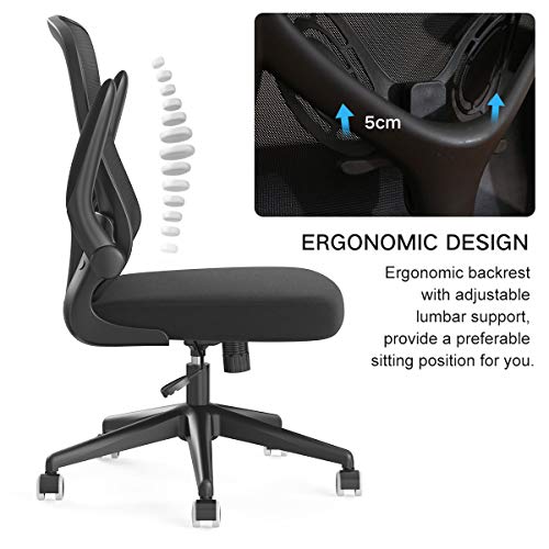 Hbada Silla de Oficina Silla de Escritorio ergonómica Silla giratoria con reposabrazos Plegables Soporte Lumbar Ajustable Silla de computadora de Malla Silla de Trabajo Silla Ligera Negro