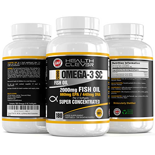 HC Omega 3 Capsulas 2000mg Fish Oil - 180 Gel Capsulas Blando de Triple Fuerza - Formula con 1000mg de EPA y 500mg de DHA - Antiinflamatorio Muscular y para Articulaciones - Hecho en Reino Unido