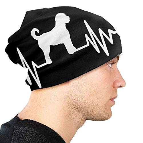 Hdadwy Gorro de Punto Unisex para Adulto, línea de Pulso de Latido del corazón con Silueta de Perro Labradoodle, Gorro Diario deliciosamente Suave con Gorro Negro de Punto Fino