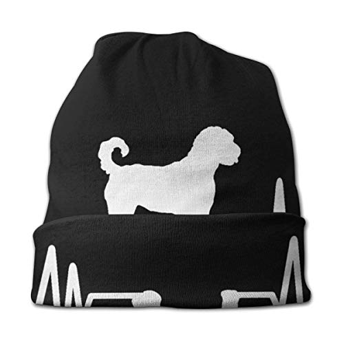 Hdadwy Gorro de Punto Unisex para Adulto, línea de Pulso de Latido del corazón con Silueta de Perro Labradoodle, Gorro Diario deliciosamente Suave con Gorro Negro de Punto Fino