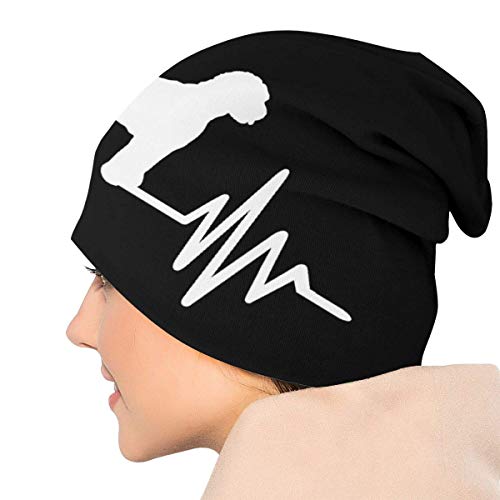 Hdadwy Gorro de Punto Unisex para Adulto, línea de Pulso de Latido del corazón con Silueta de Perro Labradoodle, Gorro Diario deliciosamente Suave con Gorro Negro de Punto Fino