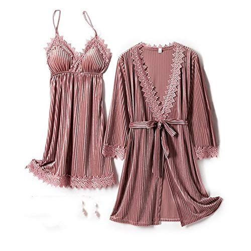 Hddwzh Albornoz Suave,2Pcs Pijamas Traje Mujeres Velour Ropa De Dormir Kimono Vestido Rosa Encaje Rayas Pijato Otoño Albornoz Suave Terciopelo Pijamas Caseros Ropa, L