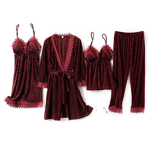 Hddwzh Albornoz Suave,4Pcs Pijamas Traje Mujeres Velour Ropa De Dormir Kimono Vestido Vino Rojo Encaje Cabestrillo Pijama Otoño Albornoz Suave Terciopelo Pijamas Caseros Ropa, M Hddwzh Albornoz Suave,4Pcs Pijamas Traje Mujeres Velour Ropa De Dormir Kimono Vestido Vino Rojo Encaje Cabestrillo Pijama Otoño Albornoz Suave Terciopelo Pijamas Caseros Ropa, M