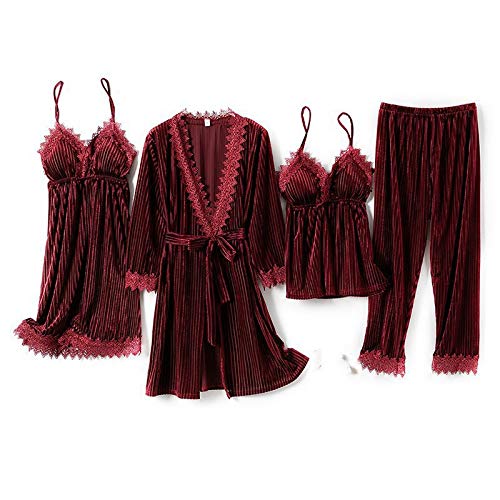 Hddwzh Albornoz Suave,4Pcs Pijamas Traje Mujeres Velour Ropa De Dormir Kimono Vestido Vino Rojo Encaje Cabestrillo Pijama Otoño Albornoz Suave Terciopelo Pijamas Caseros Ropa, M