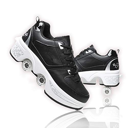 HealHeatersⓇ Patines de ruedas para mujer, zapatos de doble fila, zapatos de deformación para niños y niñas, cómodos, elegantes y fáciles de usar (blanco y negro, 38)