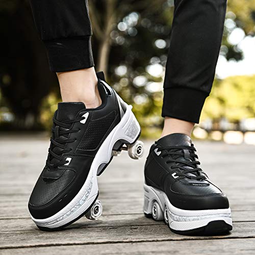 HealHeatersⓇ Patines de ruedas para mujer, zapatos de doble fila, zapatos de deformación para niños y niñas, cómodos, elegantes y fáciles de usar (blanco y negro, 38)