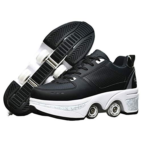 HealHeatersⓇ Patines de ruedas para mujer, zapatos de doble fila, zapatos de deformación para niños y niñas, cómodos, elegantes y fáciles de usar (blanco y negro, 38)