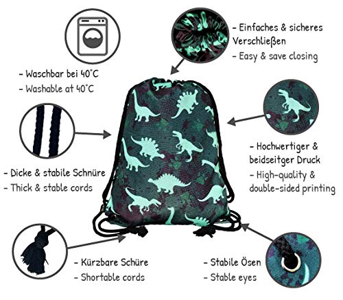 HECKBO Bolsa de gimnasia para niños - impresa por ambos lados con motivos de dinosaurios - 40x32cm - para kindergarten, cuna, viajes, deportes - mochila, bolsa de juego, bolsa de deporte, bolsa de za