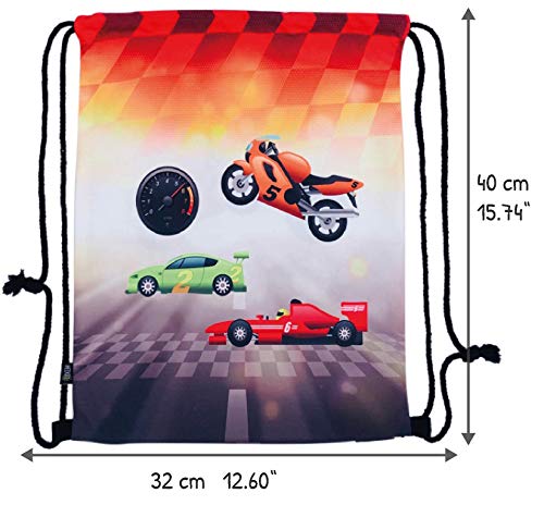 HECKBO Mochila niños - dibujos de carreras, coches de carreras, motos, Fórmula 1 - se puede lavar a máquina - 40x32 cm - para el jardín de infancia, la guardería, para viajar