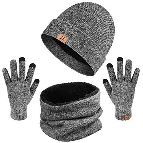 heekpek Bufanda Gorro Guantes para Hombre Invierno Regalos para Hombre Mujer Unisexo Set de Bufanda Conjunto de Guantes de Punto BufaSombrero de Invierno Gorras Con Bufanda (Gris oscuro)