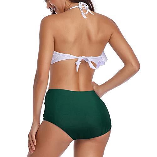 heekpek Conjunto de Bikini Mujer de Cintura Alta Traje de Baño de Dos Piezas Volantes Correas de Espagueti Bañador Plisado Estampado Rayas Ropa de Playa Tallas Grandes