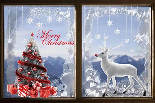 Heekpek Grande Árbol De Navidad Blanco Alces Pegatinas Navidad Ventana de Pared Feliz Navidad Pegatinas Decorativas Vinilos Navideños de Puerta Extraíble para Escaparate Decoracion Navideña Tiendas