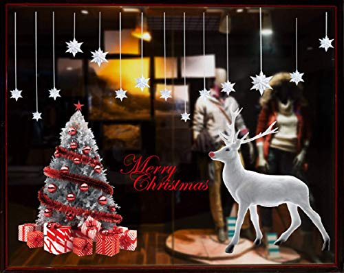 Heekpek Grande Árbol De Navidad Blanco Alces Pegatinas Navidad Ventana de Pared Feliz Navidad Pegatinas Decorativas Vinilos Navideños de Puerta Extraíble para Escaparate Decoracion Navideña Tiendas