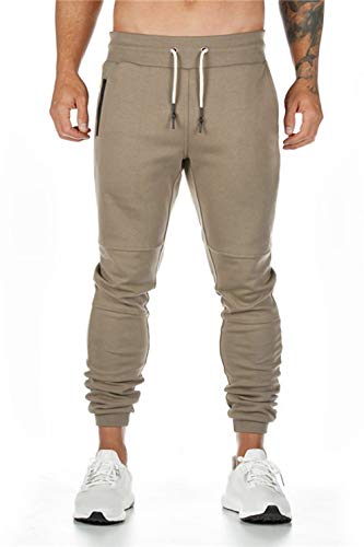 heekpek Pantalones de chándal para hombre, con soporte para pañuelos, para fitness, ajustados, con cordón, para el tiempo libre o para correr caqui M