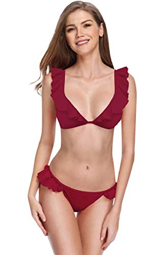 heekpek Traje de Baño Mujer Bikini Sexy con Cuello en V con Volantes Bañador Mujer Dos Piezas Moda de Playa Bikinis Brasileños