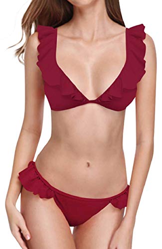 heekpek Traje de Baño Mujer Bikini Sexy con Cuello en V con Volantes Bañador Mujer Dos Piezas Moda de Playa Bikinis Brasileños