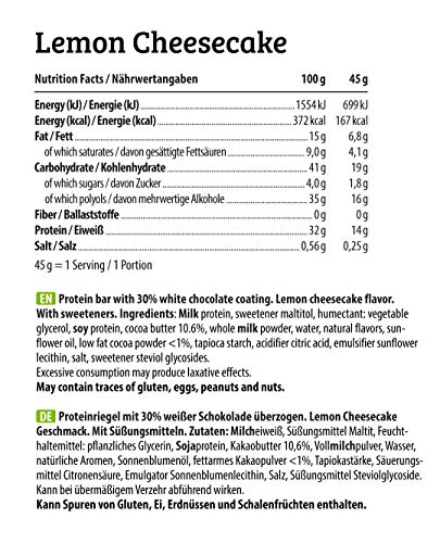 HEJ Crispy Protein Bar Lemon Cheesecake - Barre protéinée sans sucre ajouté - Barre protéinée à faible teneur en glucides - Fitness Bar - Sans huile de palme et collagène - 12 paquets (12 x 45g)