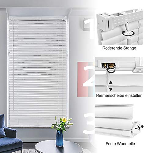 HENGMEI Persiana Veneciana de PVC 90X210cm con cordón de tracción protección visual Estores para Ventana, Color: Blanco HENGMEI Persiana Veneciana de PVC 90X210cm con cordón de tracción protección visual Estores para Ventana, Color: Blanco