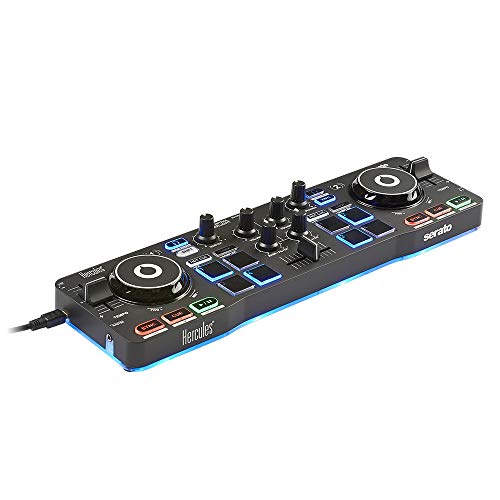 Hercules DJControl Starlight - Controlador de DJ USB portátil 2 Pistas con 8 Pads/Tarjeta de Sonido para PC/Mac, Multicolor