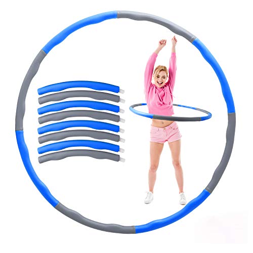 Herefun Hula Hoop Fitness, 8 Secciones Hula Hoop Fitness Aro de Fitness Desmontable, Adelgazante Hula Hoop con Mini Cinta Métrica, Professional Hoop Adecuado para Damas, Hombres, Niños (Gris + Azul 2)