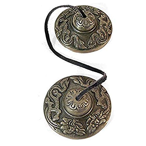 HERMOSA BUDISTAS TIBETANOS Chakra del Corazón Tingsha CYMBALS Reik, CLARO I ESPACIO , AID meditación, la música , sobre el cordón de cuero ; 6cm DIA. RELIEVE CON 2 TIBETANOS dragones ; IDEA REGALO inusual único - Vendido por dones espirituales . Por lo ge