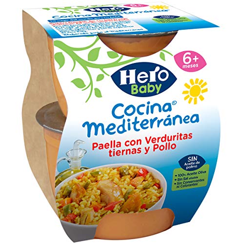 Hero Baby Cocina Mediterránea Paella con Verduritas Tiernas y Pollo Tarritos de Puré para Bebés a partir de 6 meses, 2 x 200 g
