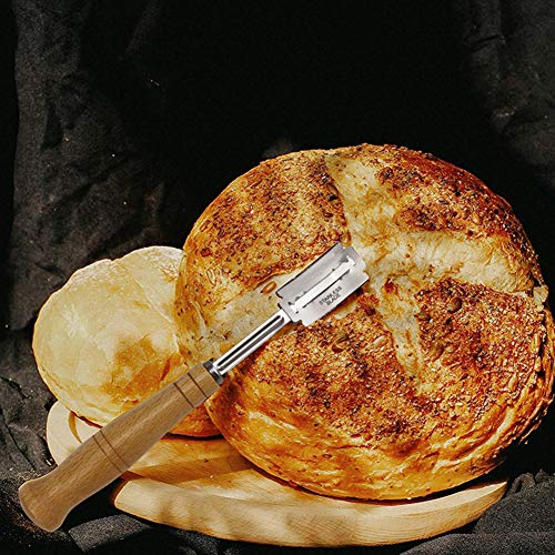 Herramienta de Corte de Pan, cortadores de Pan Herramienta de Corte Cojo Cortador de Masa con 5 Cuchillas Mango de Madera, Cuchillo Curvo de Arco de Pan de Acero Inoxidable, Utensilios para Hornear