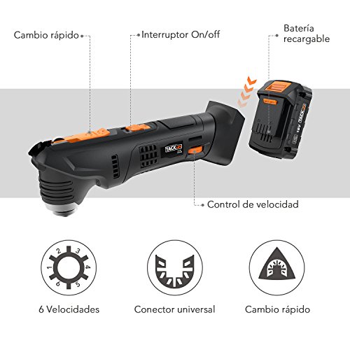 Herramienta Multifunctional Oscilante Tacklife PMT03B de 18 V con Batería de Litio de 2.0Ah,Carga Rápida en una Hora, 6 Velocidades Variables para Pulir,Cortar,Rascar y Retirar con Sus 24 Accesorios