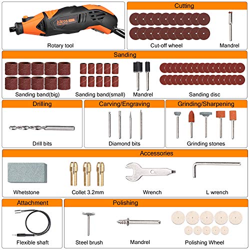 Herramienta Rotativa Eléctrica, ALLROS 170W Multiherramienta con 100 Accesorios, 8000-35000RPM 6 velocidades variables, para tallar grabar fresar amolar limpiar pulir cortar y lijar
