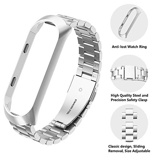 Hianjoo Correa Compatible con Xiaomi Band 4, Pulsera de Repuesto de Acero Inoxidable Hebilla Metal Banda Correas Compatible con Xiaomi Mi Smart Band 4, 5.5"-8.1", Plata