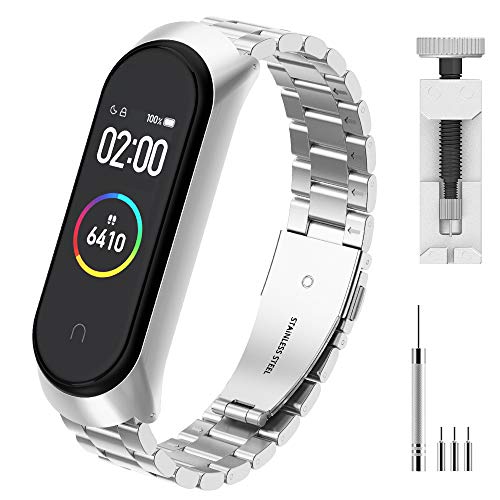 Hianjoo Correa Compatible con Xiaomi Band 4, Pulsera de Repuesto de Acero Inoxidable Hebilla Metal Banda Correas Compatible con Xiaomi Mi Smart Band 4, 5.5"-8.1", Plata