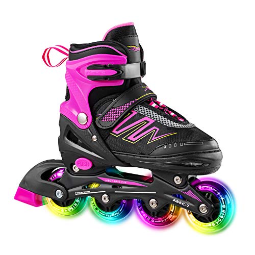 Hiboy Patines en línea ajustables con todas las ruedas iluminadas, patines para exteriores e interiores, para niños, niñas y principiantes (talla pequeña: 31-34), color rosa