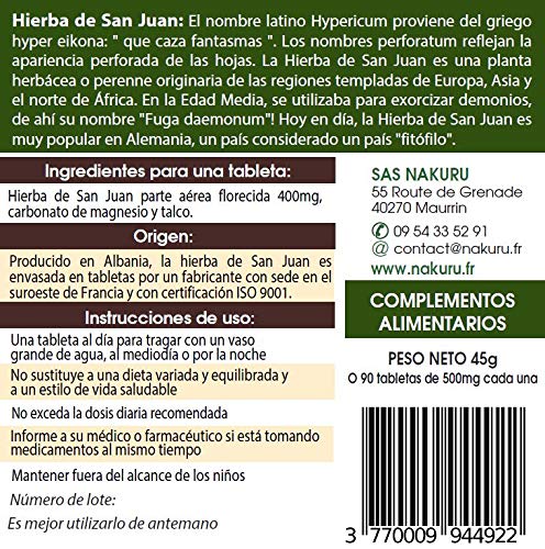 Hierba de San Juan/NAKURU Relax/Polvo orgánico seco y comprimido en frío/Analizado y acondicionado en Francia /"¡La Caza del Demonio!" (90 Tabletas de 500mg / Peso Neto: 45g / Dorado)