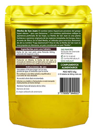 Hierba de San Juan/NAKURU Relax/Polvo orgánico seco y comprimido en frío/Analizado y acondicionado en Francia /"¡La Caza del Demonio!" (90 Tabletas de 500mg / Peso Neto: 45g / Dorado) Hierba de San Juan/NAKURU Relax/Polvo orgánico seco y comprimido en frío/Analizado y acondicionado en Francia /"¡La Caza del Demonio!" (90 Tabletas de 500mg / Peso Neto: 45g / Dorado)