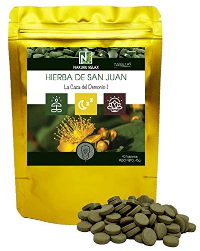 Hierba de San Juan/NAKURU Relax/Polvo orgánico seco y comprimido en frío/Analizado y acondicionado en Francia /"¡La Caza del Demonio!" (90 Tabletas de 500mg / Peso Neto: 45g / Dorado)