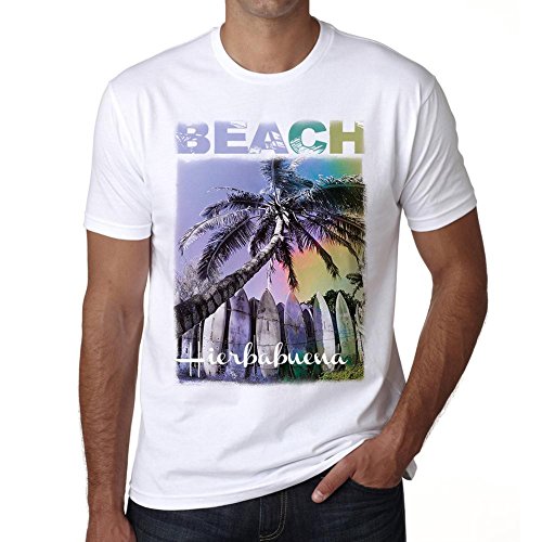 Hierbabuena, Beach Palm, Camiseta para Las Hombres, Manga Corta, Cuello Redondo, Blanco