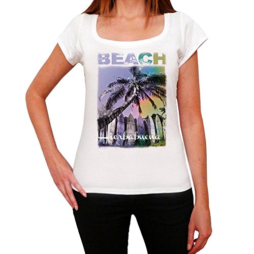 Hierbabuena, Nombre de la Playa, Palma, La Camiseta de Las Mujeres, Manga Corta, Cuello Redondo, Blanco Hierbabuena, Nombre de la Playa, Palma, La Camiseta de Las Mujeres, Manga Corta, Cuello Redondo, Blanco