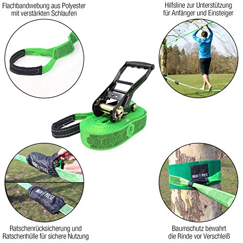 High Pulse Slackline Incl. Instrucciones | 15 m – Set de Slackline con Tensor, Protección de tensores, Cuerda auxiliar para principiantes, Protectores de árbol y Bolsa de transporte