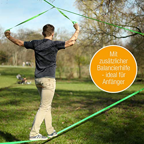 High Pulse Slackline Incl. Instrucciones | 15 m – Set de Slackline con Tensor, Protección de tensores, Cuerda auxiliar para principiantes, Protectores de árbol y Bolsa de transporte