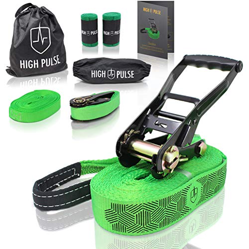 High Pulse Slackline Incl. Instrucciones | 15 m – Set de Slackline con Tensor, Protección de tensores, Cuerda auxiliar para principiantes, Protectores de árbol y Bolsa de transporte