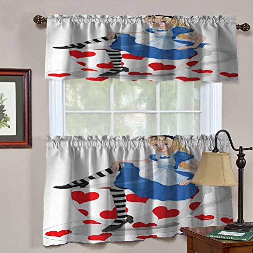 Hiiiman Cenefa de cortina para interior y hogar, diseño de Alicia sentada en una taza de té con forma de corazón, juego de 2, 137 x 91 cm para baño y café Hiiiman Cenefa de cortina para interior y hogar, diseño de Alicia sentada en una taza de té con forma de corazón, juego de 2, 137 x 91 cm para baño y café