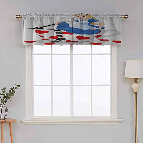 Hiiiman Cenefa de cortina para interior y hogar, diseño de Alicia sentada en una taza de té con forma de corazón, juego de 2, 137 x 91 cm para baño y café Hiiiman Cenefa de cortina para interior y hogar, diseño de Alicia sentada en una taza de té con forma de corazón, juego de 2, 137 x 91 cm para baño y café