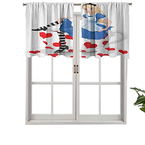 Hiiiman Cenefa de cortina para interior y hogar, diseño de Alicia sentada en una taza de té con forma de corazón, juego de 2, 137 x 91 cm para baño y café Hiiiman Cenefa de cortina para interior y hogar, diseño de Alicia sentada en una taza de té con forma de corazón, juego de 2, 137 x 91 cm para baño y café