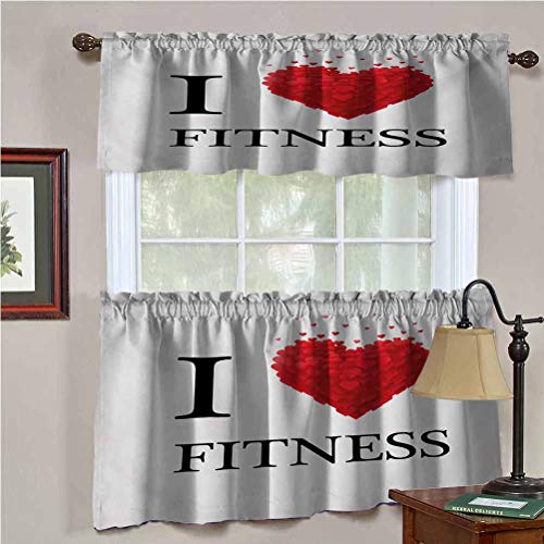 Hiiiman Cenefas de cortina con bolsillo para barra I Love Fitness con corazones románticos, juego de 2, 42 x 24 pulgadas, aislamiento térmico para sala de estar