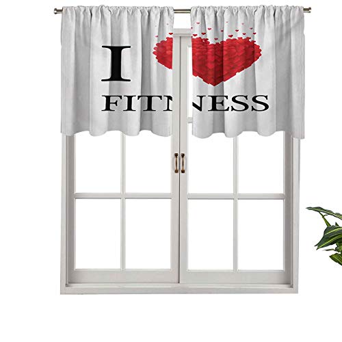 Hiiiman Cenefas de cortina con bolsillo para barra I Love Fitness con corazones románticos, juego de 2, 42 x 24 pulgadas, aislamiento térmico para sala de estar