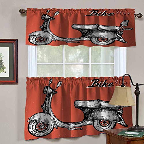 Hiiiman Cortina opaca corta con dobladillo para barra, diseño retro de escúter para alquiler de bicicletas Classic Grunge, juego de 2, cortinas de cocina de 42 x 24 pulgadas para sala de estar