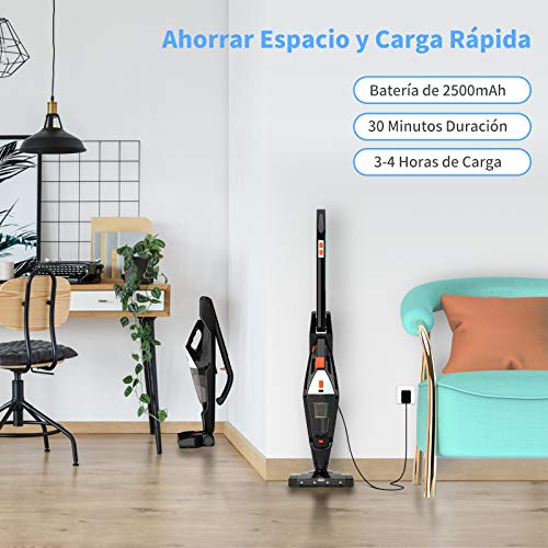 Hikeren Aspiradora Escoba 16 Kpa Aspiradora Hogar Escoba Sin Cable Aspiradora de Mano con Batería de 2500mAh 2 Velocidades de Aspiradoras Verticales, 4 Luces LED & Filtro Lavable, 2 Cepillos