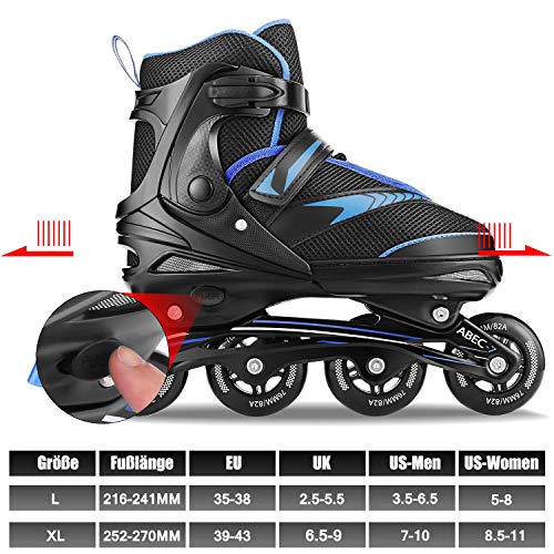 Hikole - Patines en línea para adultos y niños, ajustables, con ruedas, 76 mm, 82 A, talla 39-43, máx. Carga 80 kg (azul, L: 35 – 38 UE)