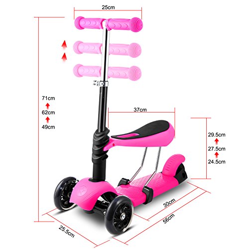 Hikole Patinete para niños con Asiento Plegable y Manillar Ajustable, Patinete de 3 Ruedas para Niñas y Niños de 2 a 8 Años 50 kg de Carga (Rosa-3)